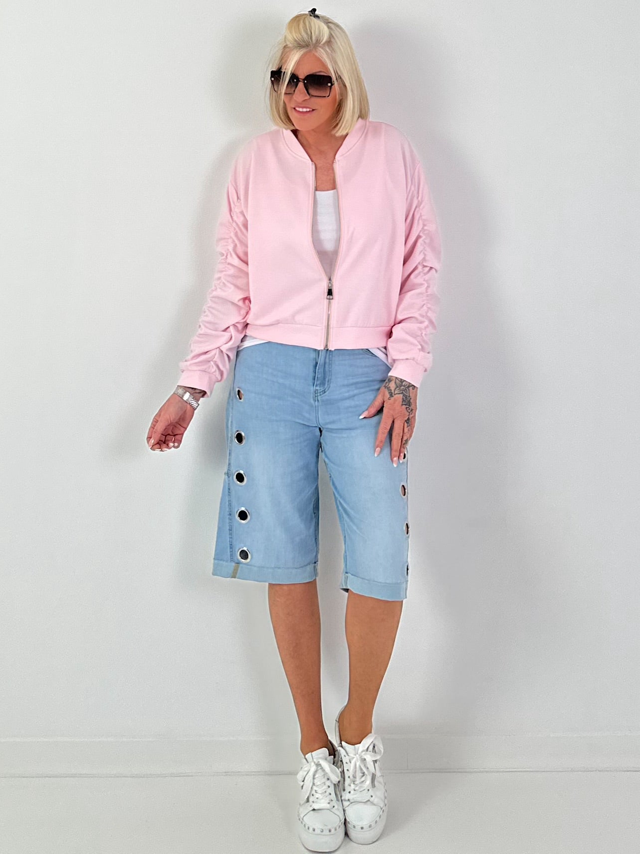 Bomber jacket with ruched sleeve - pink