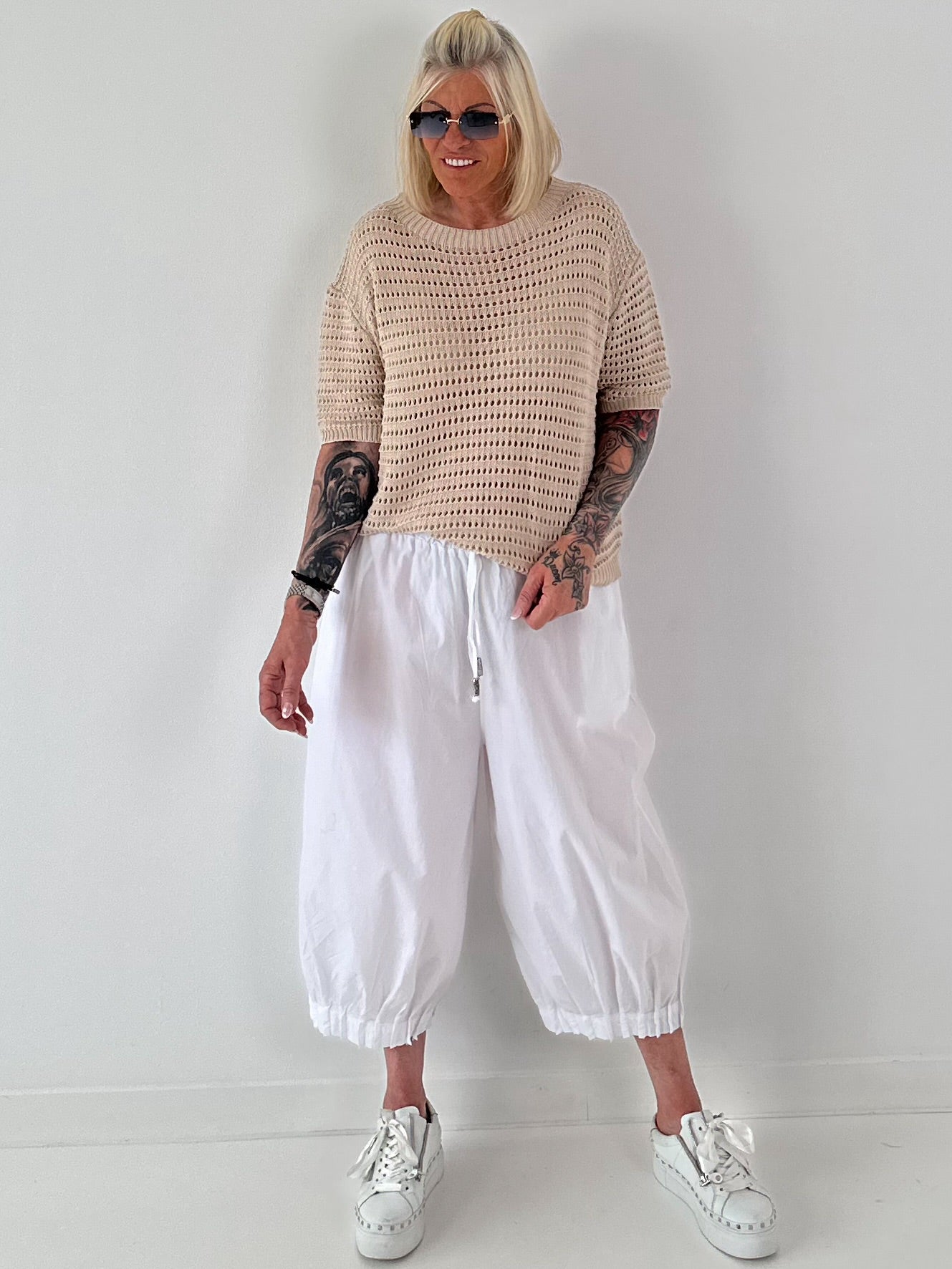 Strick Shirt mit Lochmuster - beige