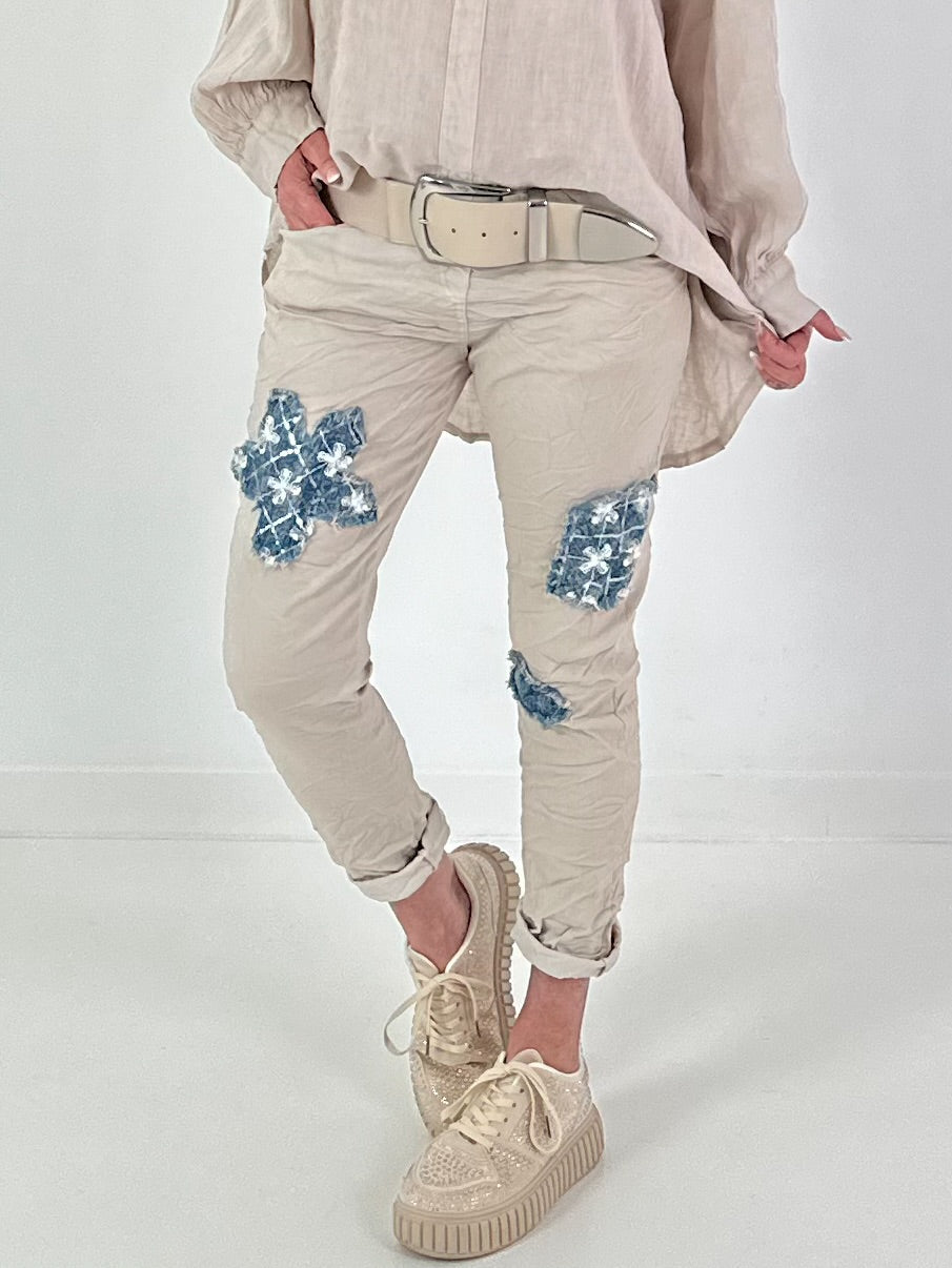 Trousers with denim and sequin details - beige