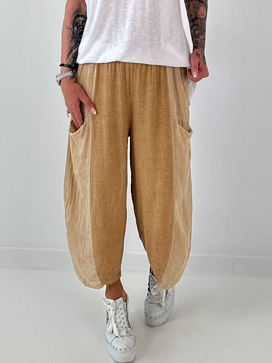 Balloon Linen Trousers with Fringe Details - taupe