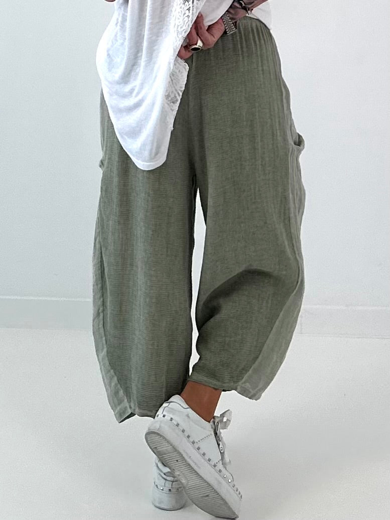 Balloon Linen Trousers with Fringe Details - taupe