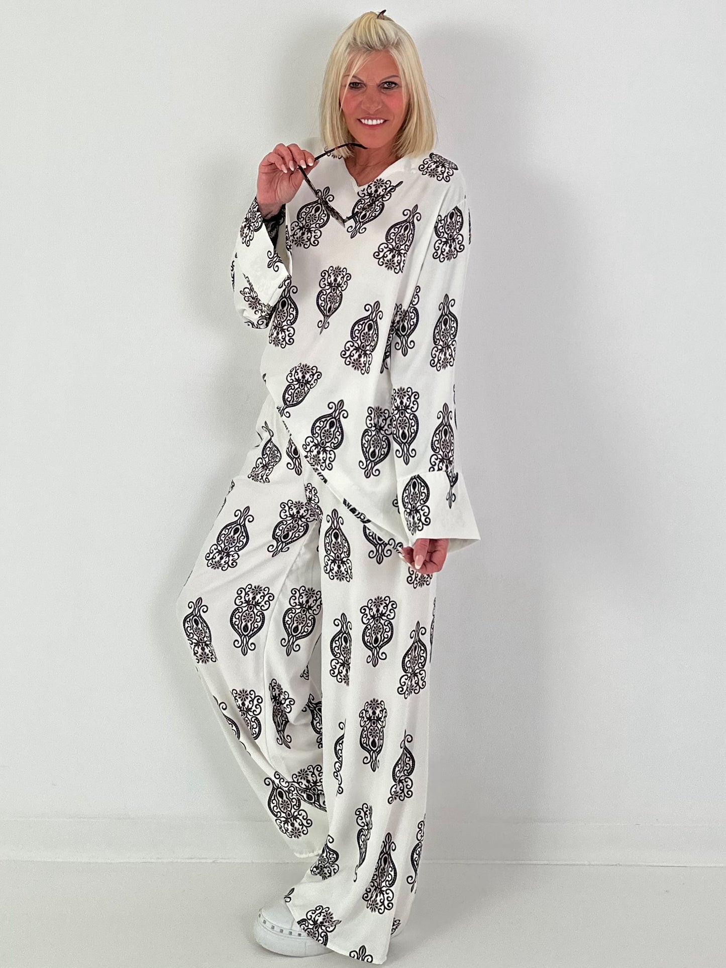 Zweiteiler mit Ornament Print - schwarz-creme