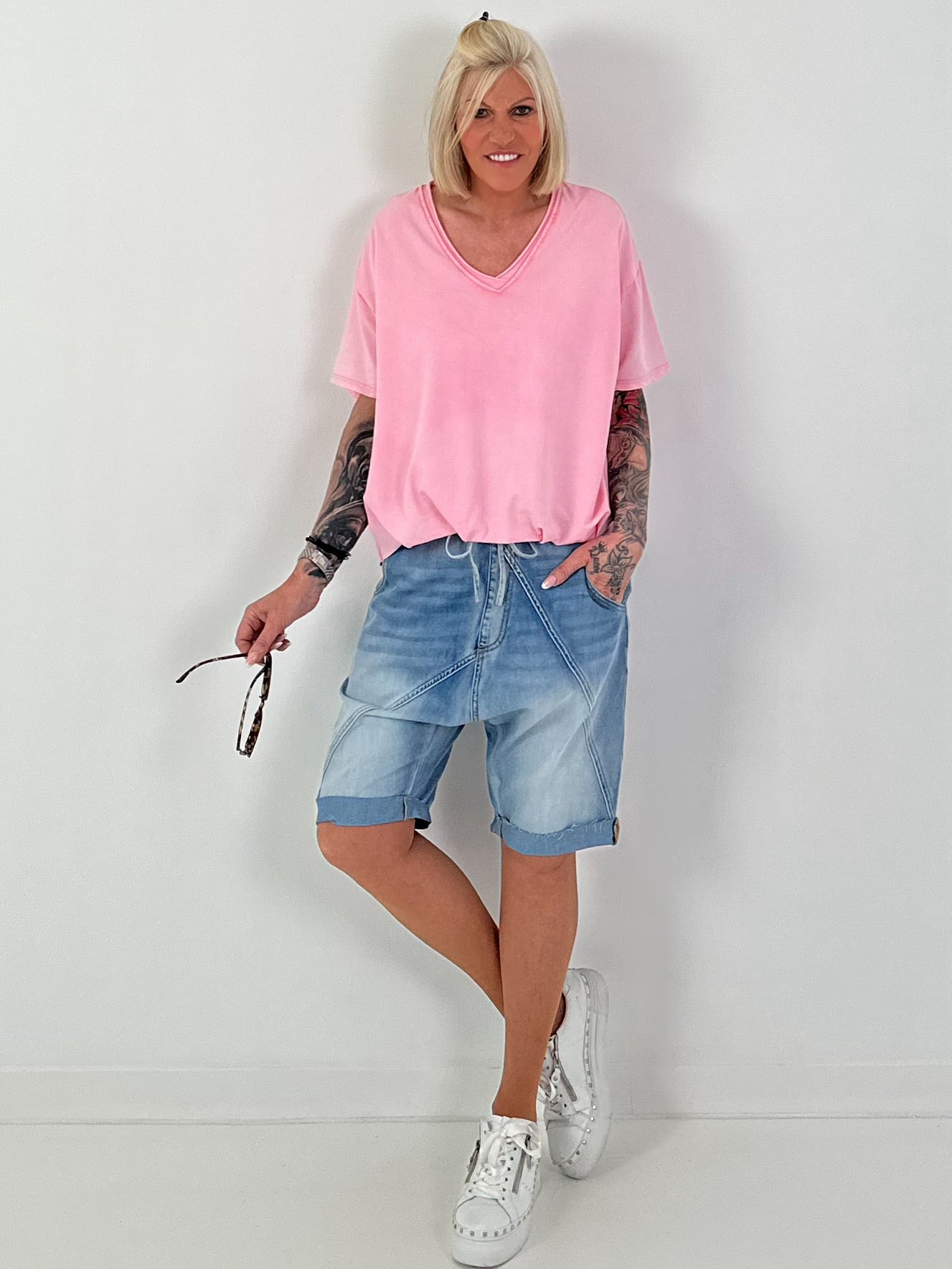 Shirred Hem T-shirt - pink