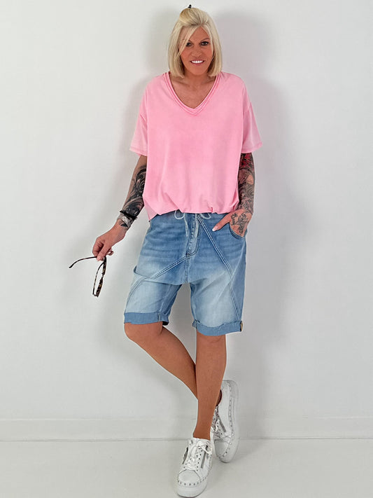 T-Shirt mit gerafftem Saum - rosa