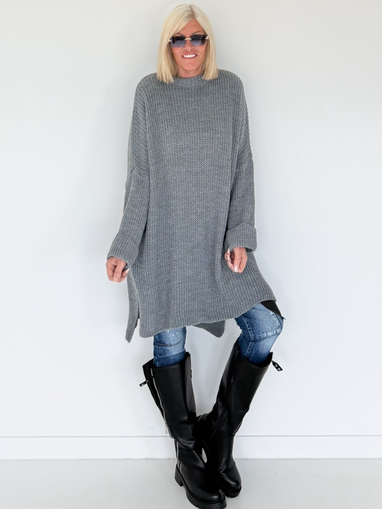 Long Strickpullover - grau