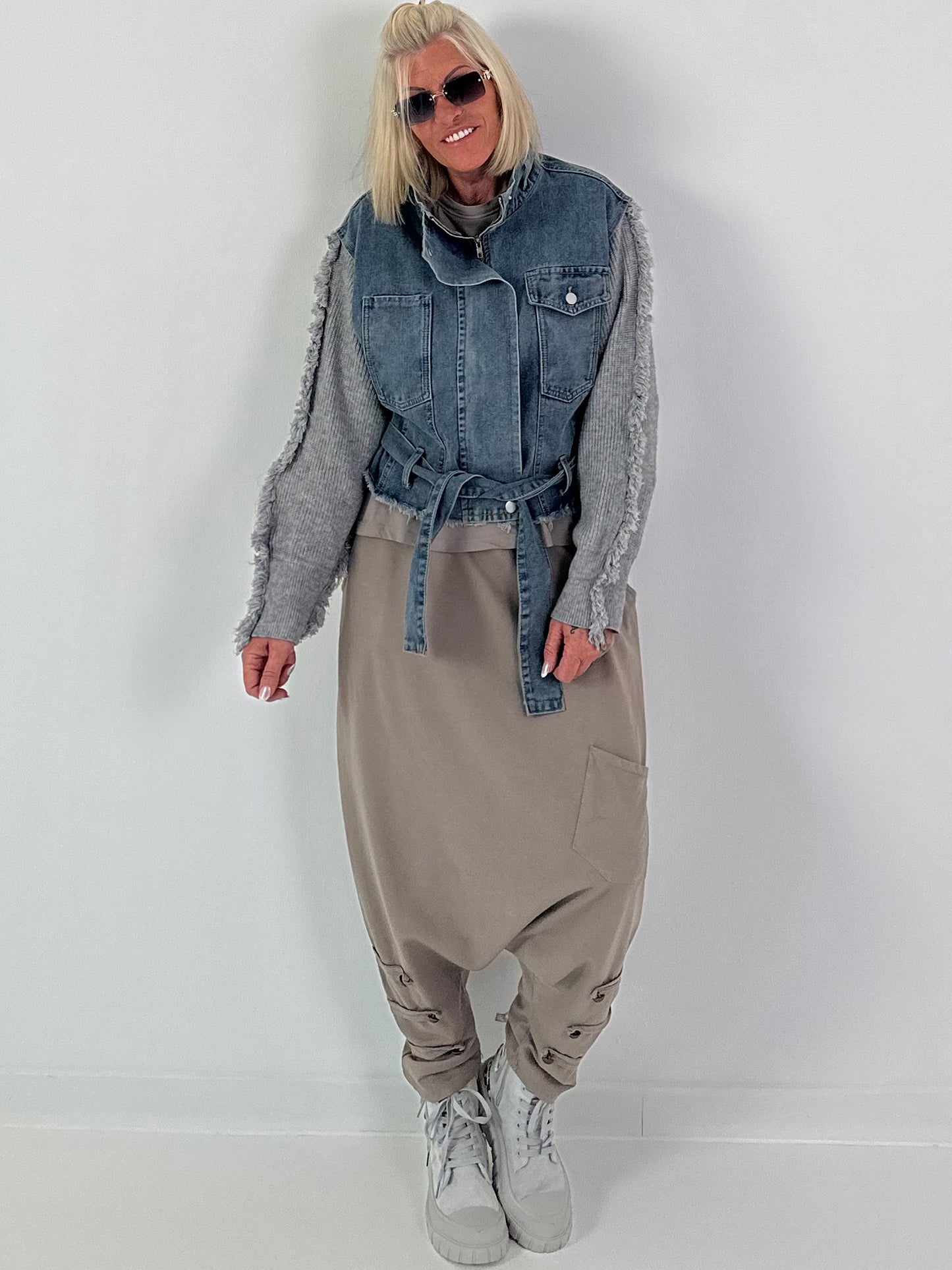 Jeansjacke mit Strickärmeln - denim-grau