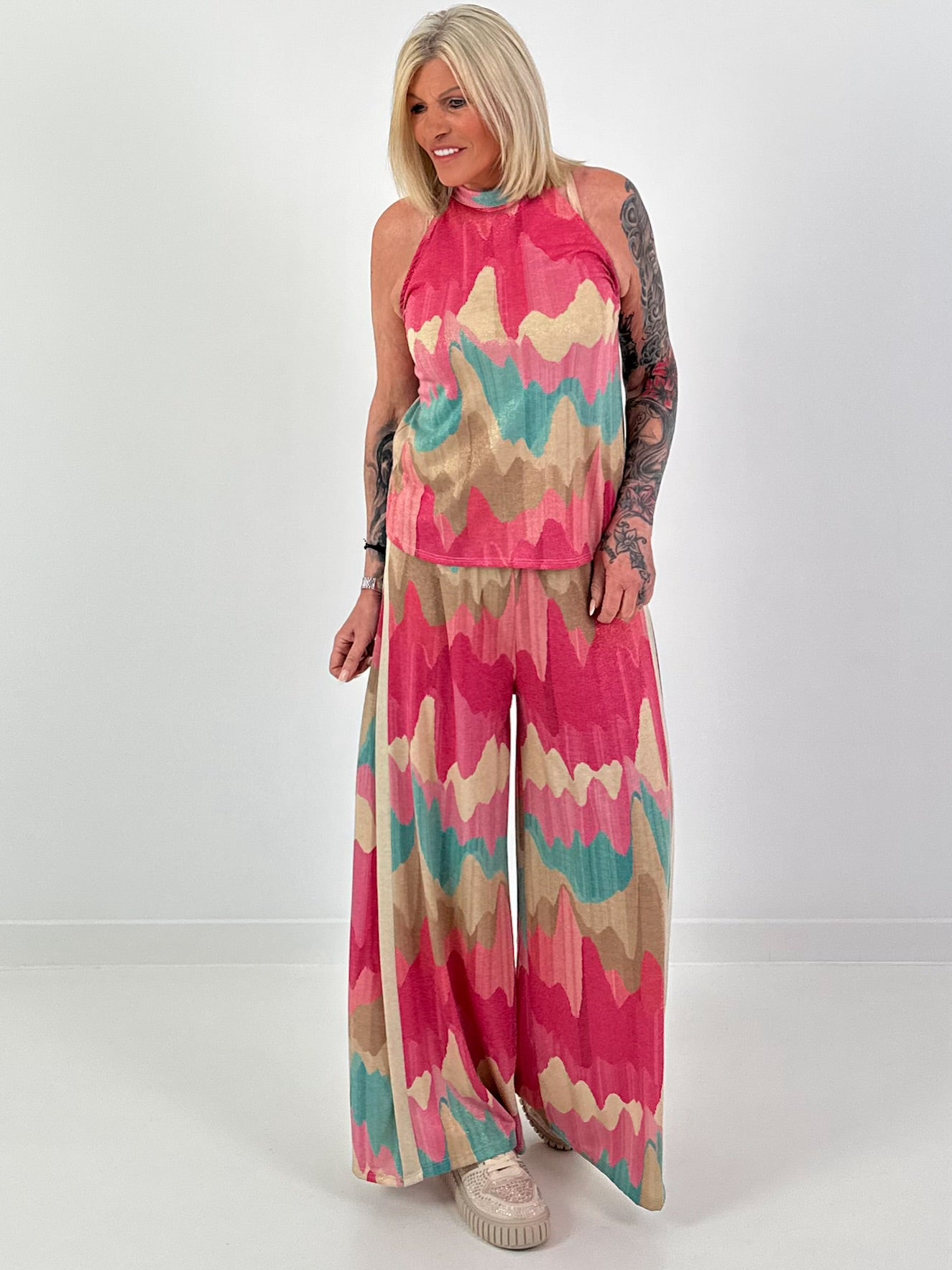 Two-piece with pattern and Lurex - pink-turquoise-beige