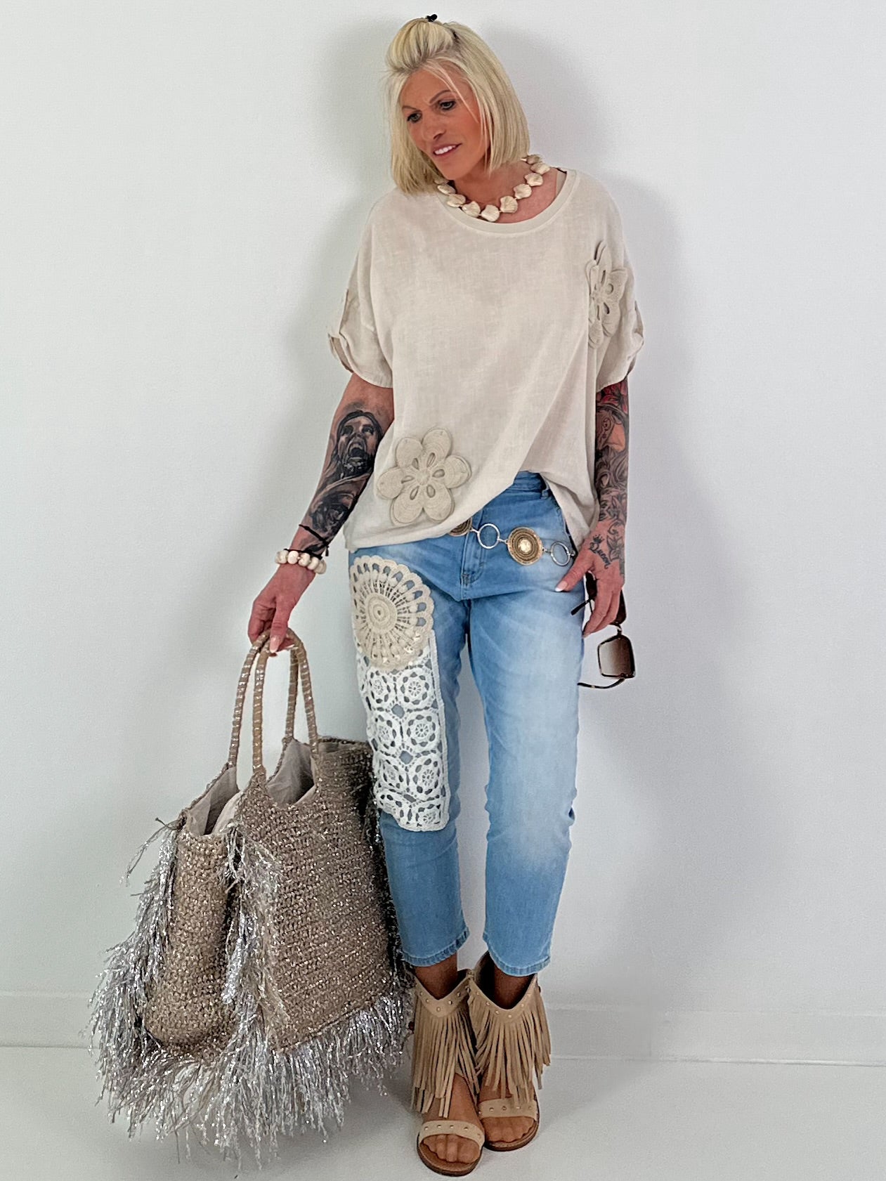 Linen shirt with crocheted floral appliqués - beige