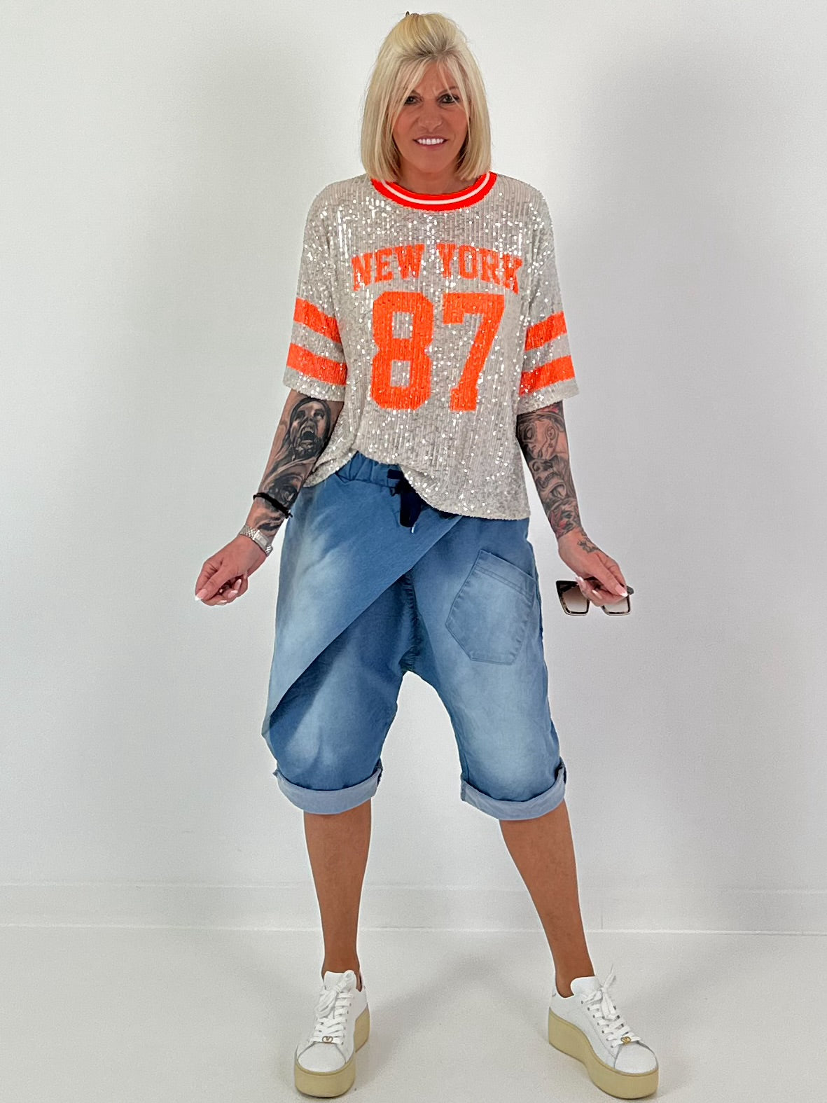 Sequin Shirt New York - silver-neon orange
