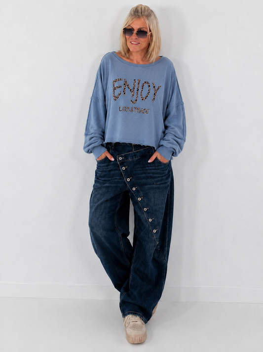 Trui met linker naden en print - jeansblauw