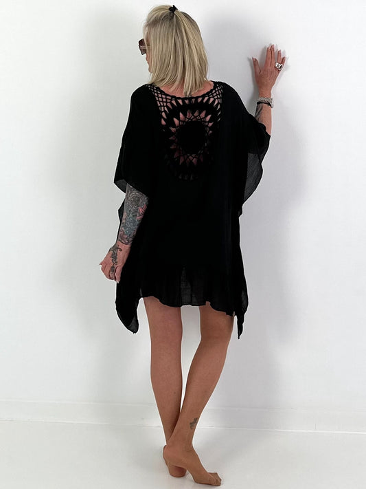 Ibiza Tunika mit Häkeleinsatz - schwarz