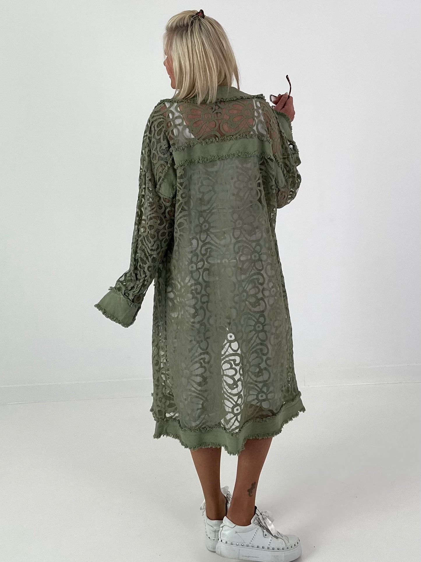 Jeansmantel mit floralem Netzeinsatz - khaki ( lieferbar ab 26.05.26)