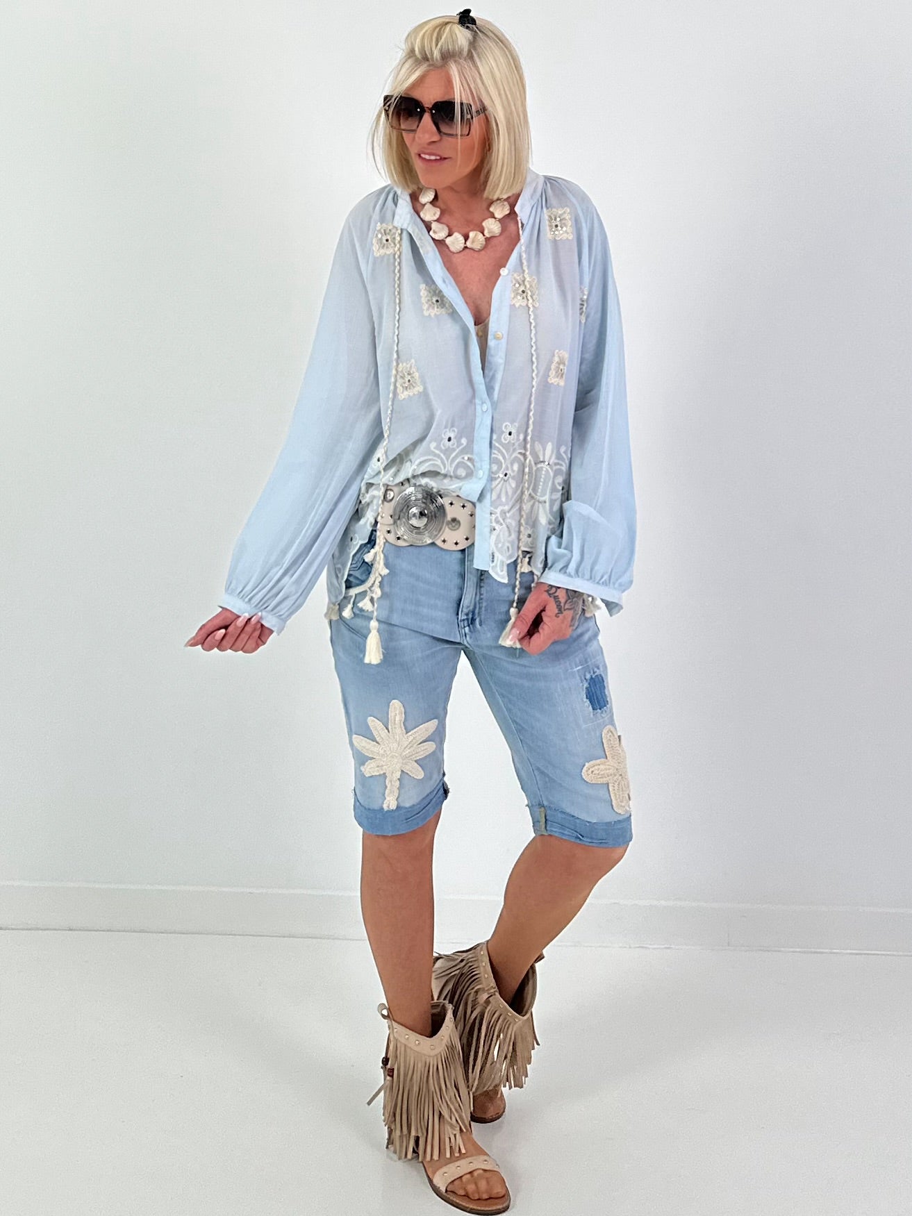 Boho Blouse with Elaborate Details - light blue