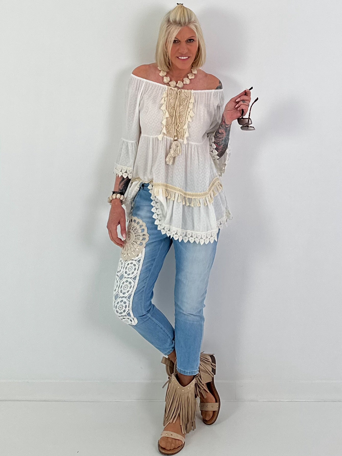 Boho Tunic with Crochet Details - White