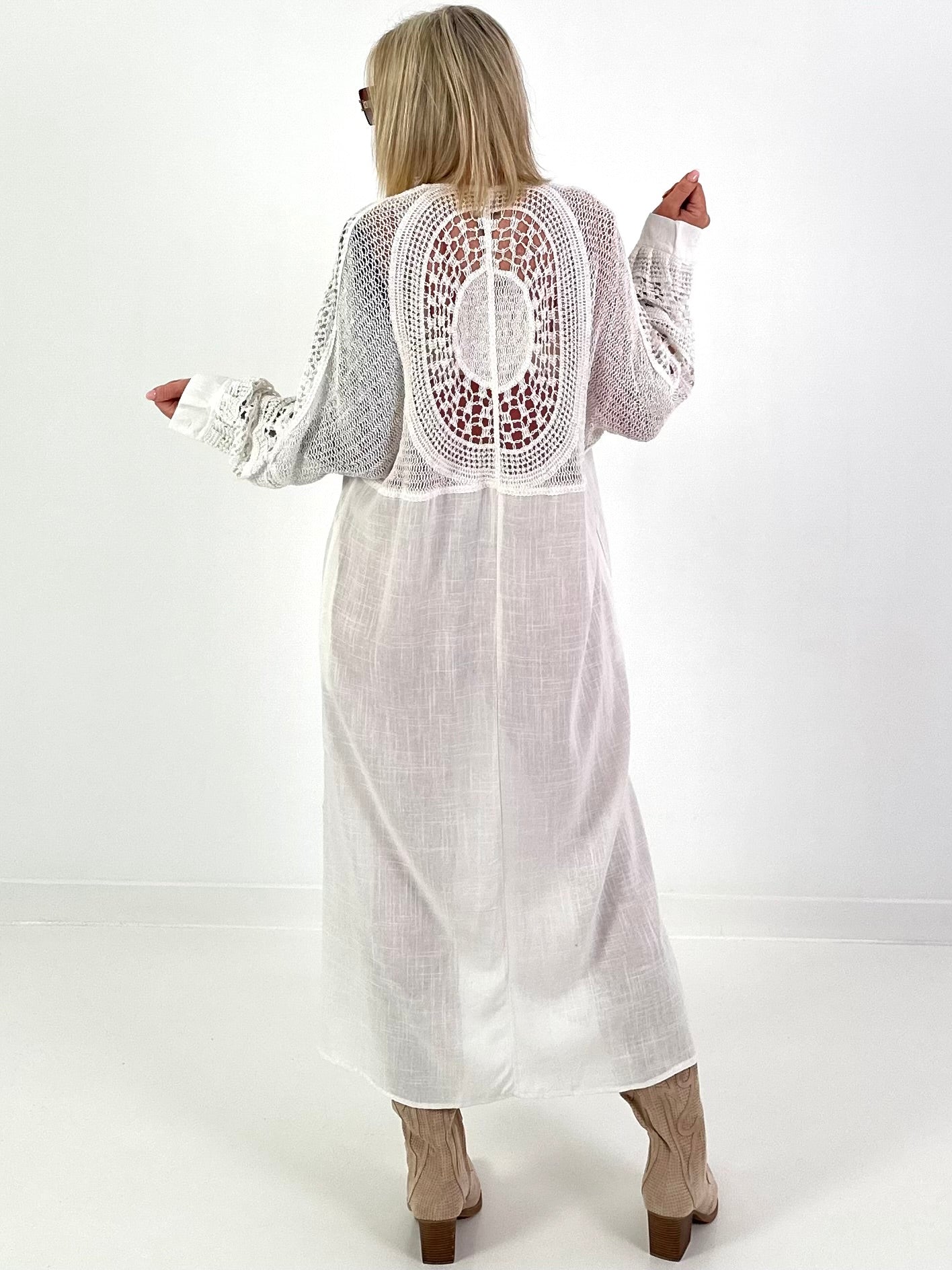 Linen Dress with Crochet Inserts - White