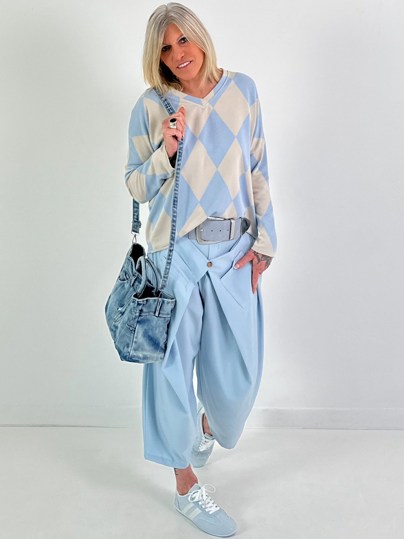 Sweater im Rautenmuster - beige-hellblau