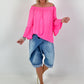 Tunic with gathered round neck and flounce sleeves - neon pink