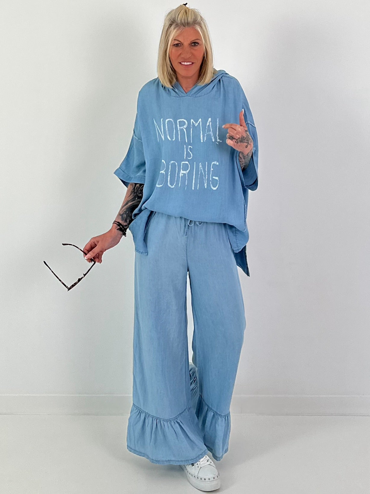 Oversized Hooded Denim Shirt - Light Blue