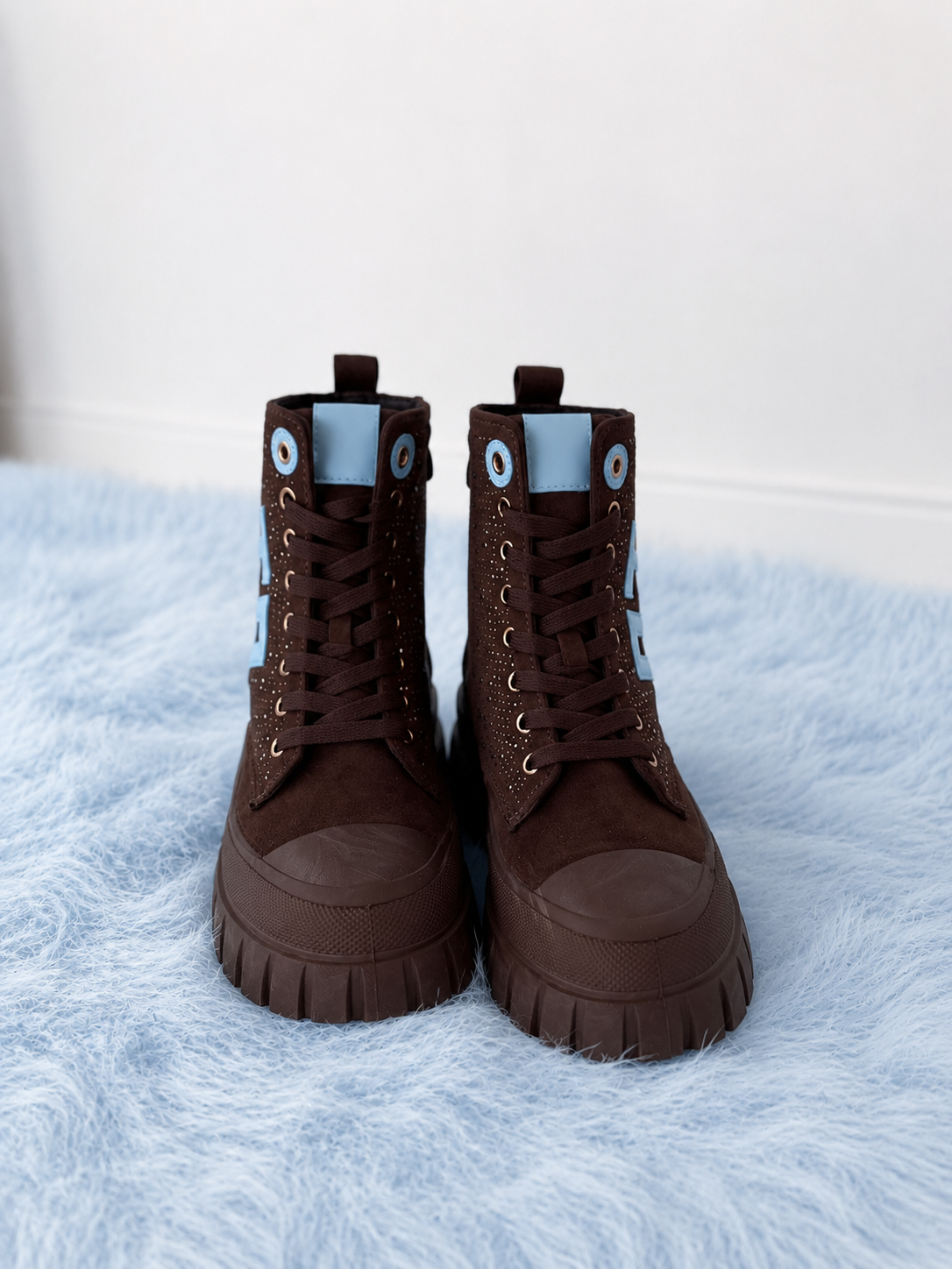 High-top sneakers in suede look with rhinestones - mocha
