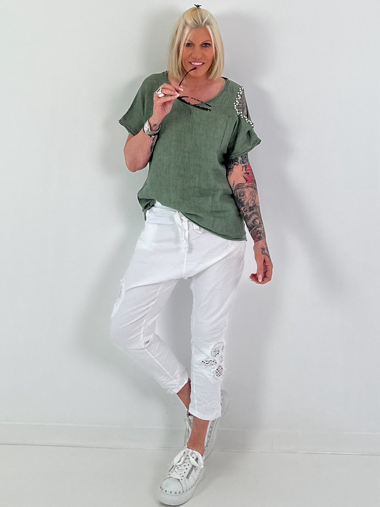 Linen Cut-Out Shirt - khaki