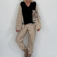 Oversized grofgebreide hoodie met sweat-inzetstuk - zwart-beige