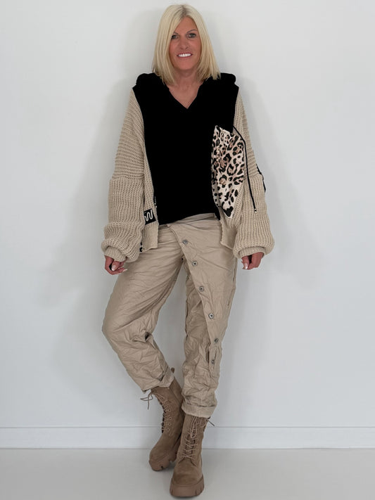 Oversized Grobstrick-Hoodie mit Sweat-Einsatz  - schwarz-beige