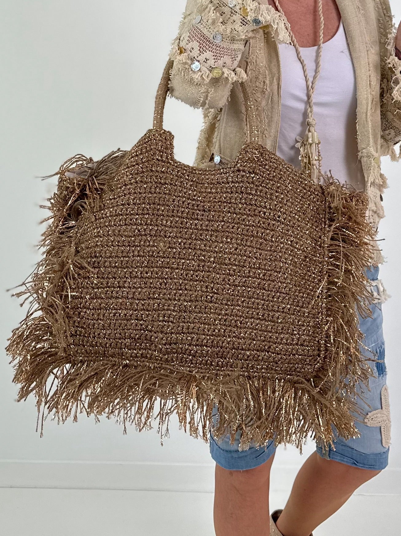 Large crochet bag with Lurex - taupe-gold