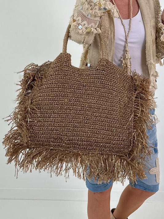 Large crochet bag with Lurex - taupe-gold