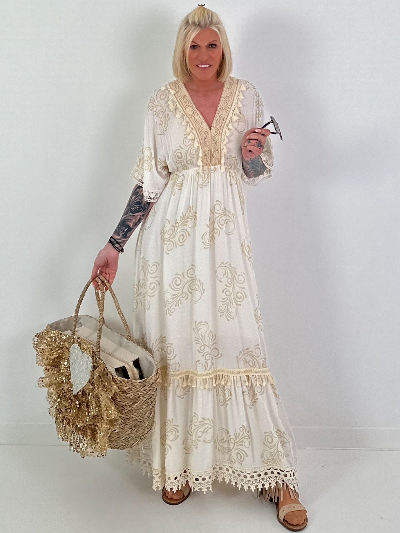 Boho dress with all-over pattern and crochet details - white