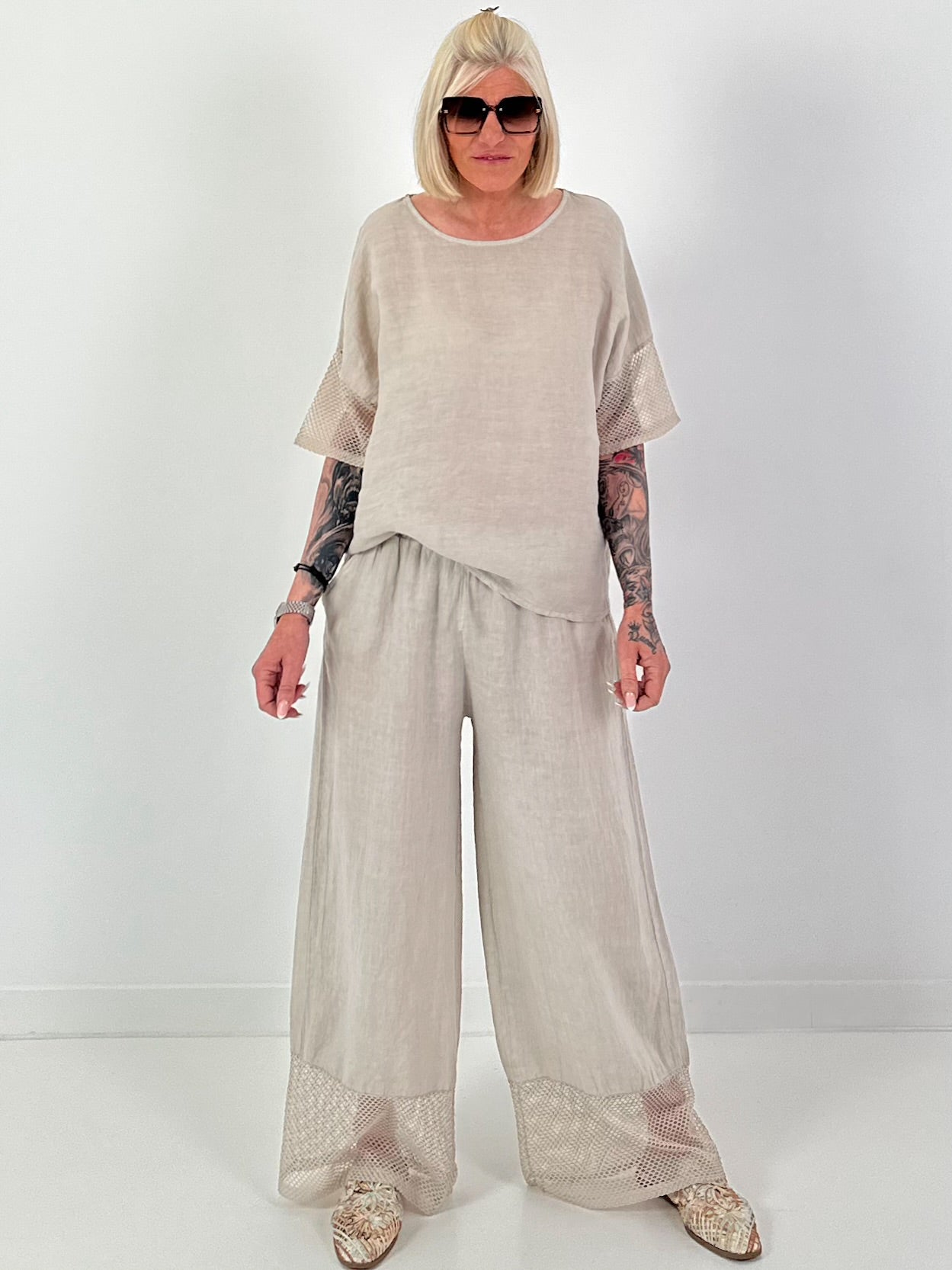 Leinen Shirt mit kurzen Ärmeln - beige
