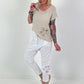 Leinen Shirt mit floralem Häkeleinsatz - beige