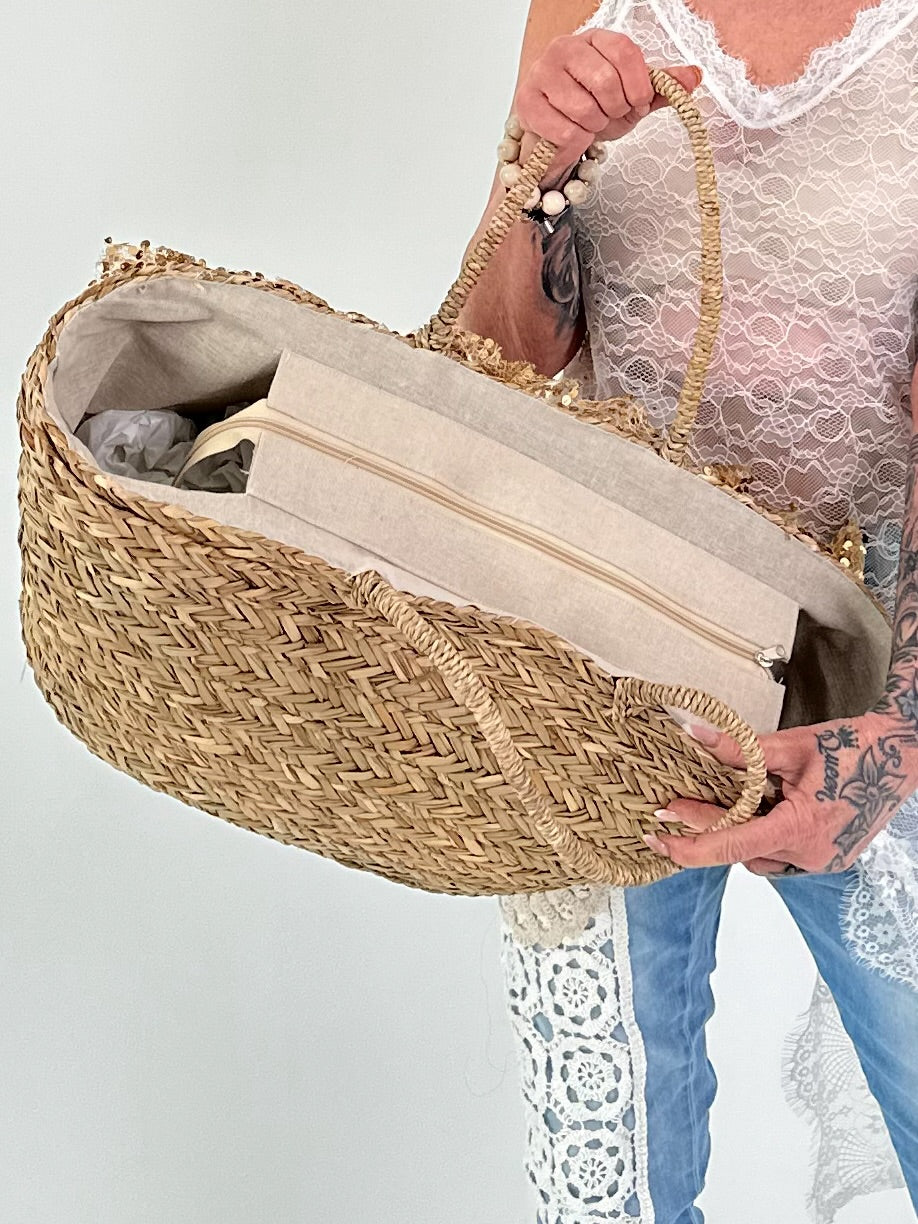 XL Korb mit Pailletten- und Perlendetails - beige
