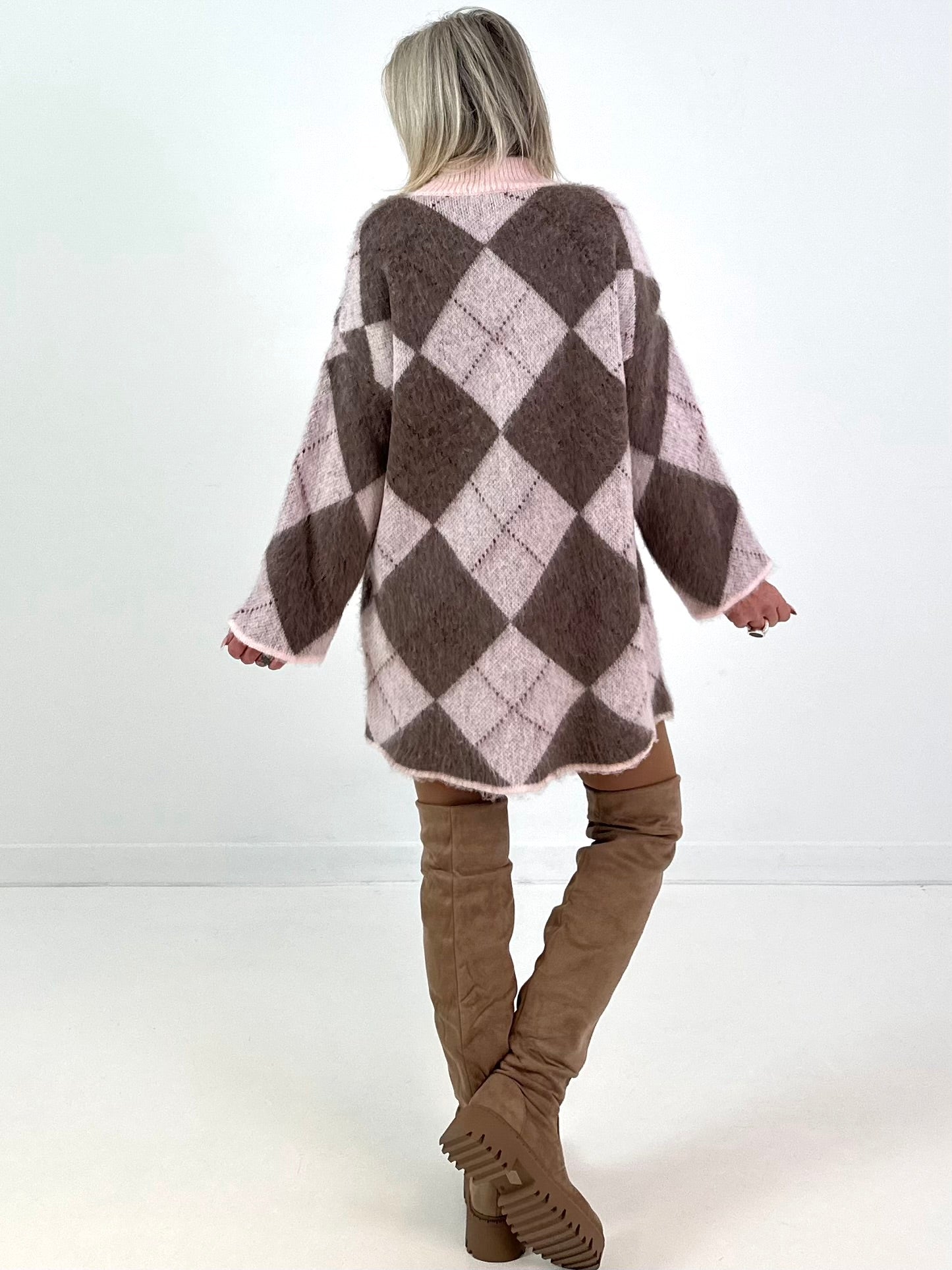 Lange trui/jurk model "Retro Diamond" - roze-taupe