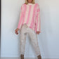 Gestreepte trui met trompetmouwen - beige-roze