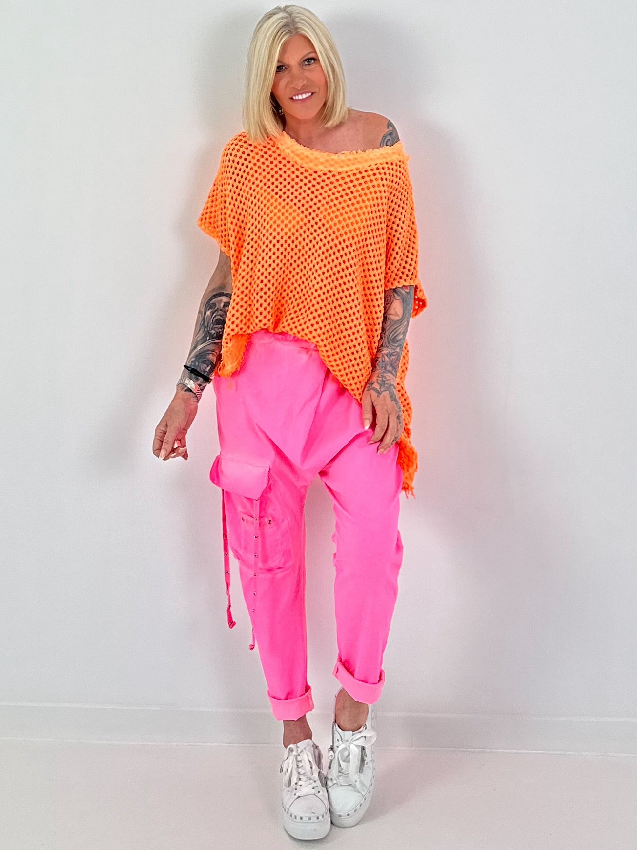 Häkelshirt mit Fransen asymmetrisch - neonorange