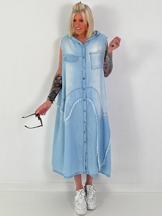 Hooded denim dress - light blue
