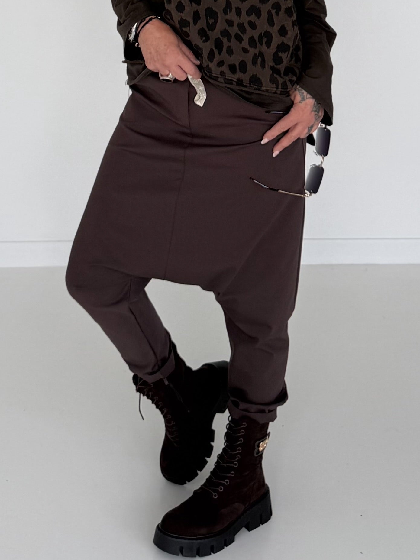 Baggy Hose mit Patten - mokka