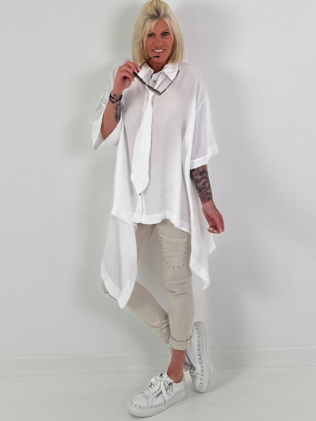 Oversized asymmetrical blouse with tie - white