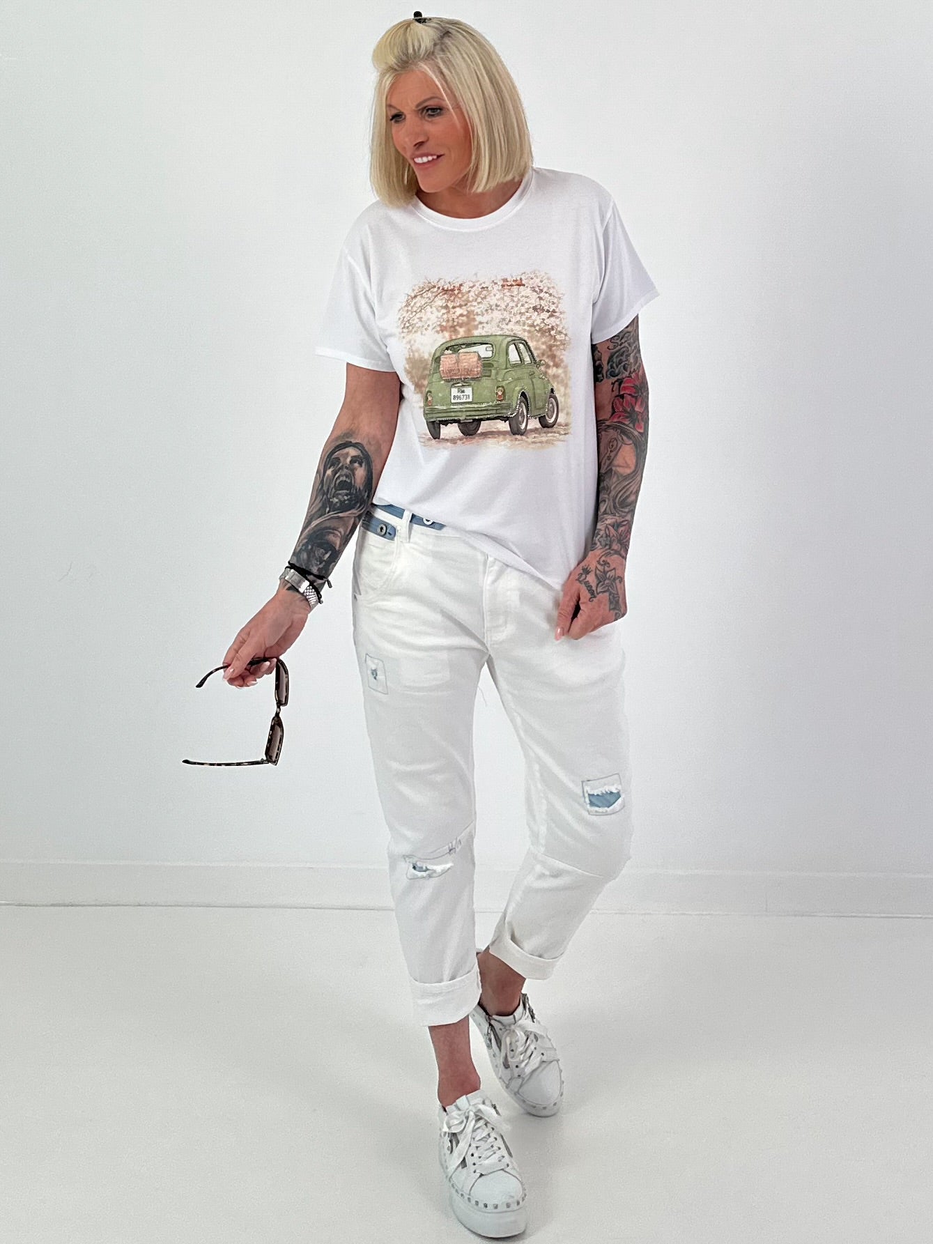 T-Shirt Glitzer Car - weiss-khaki