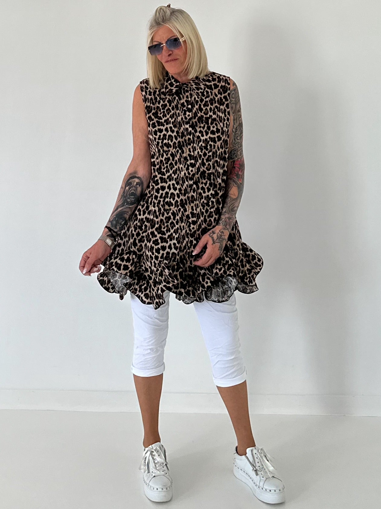 Long Bluse mit Volants - leo - mehrfarbig