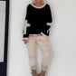 Oversized Sweater mit Strasskreuz - schwarz-beige