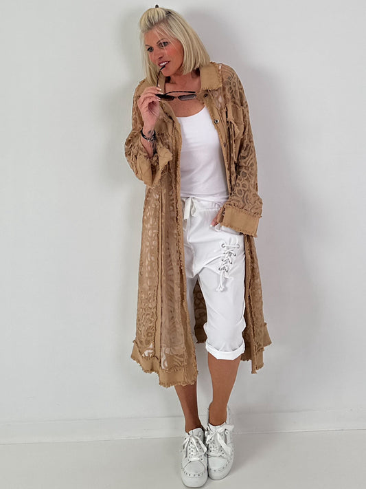 Jeansmantel mit floralem Netzeinsatz - camel ( lieferbar ab 26.05.26)
