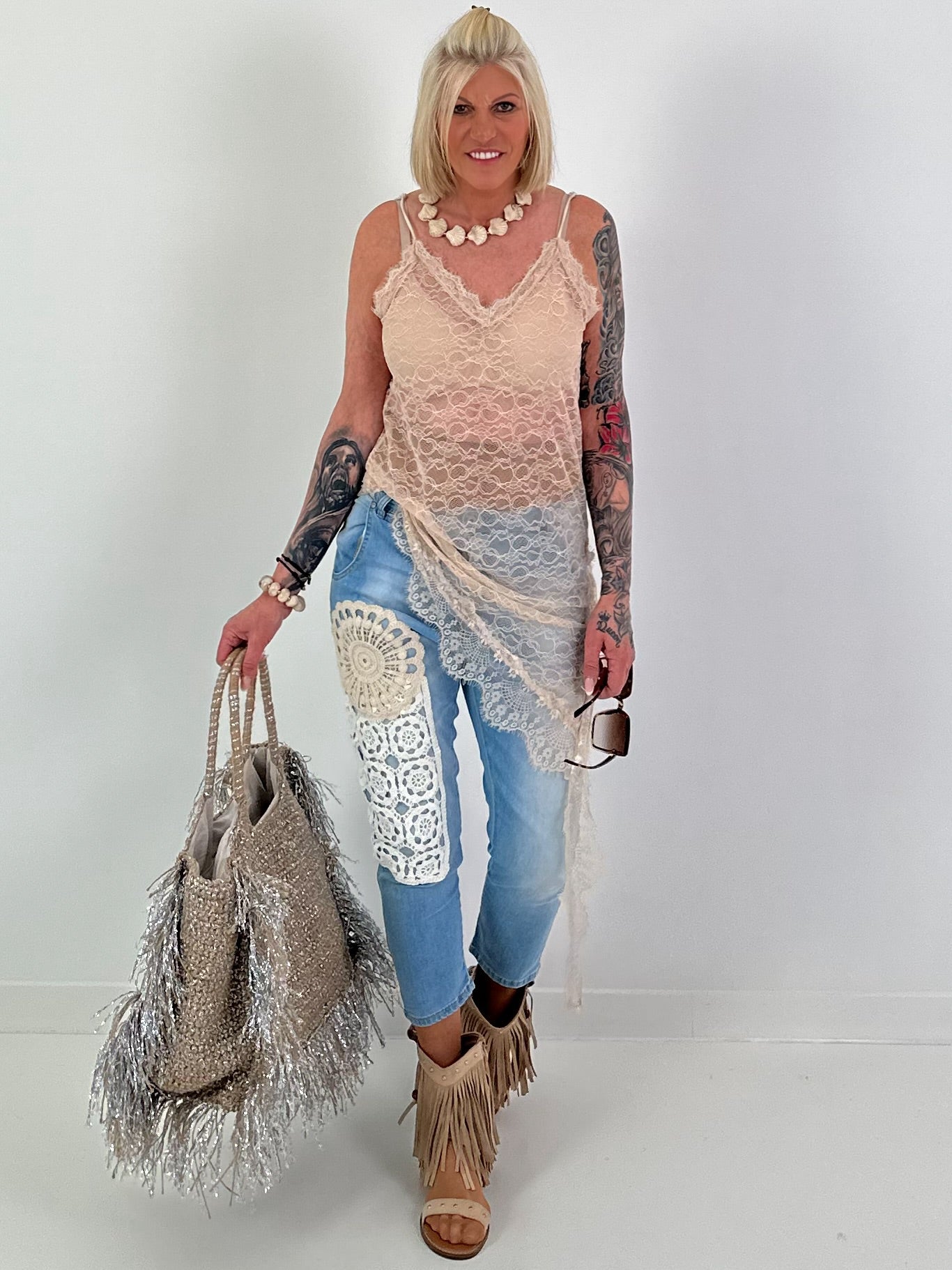 Long lace top asymmetric - beige