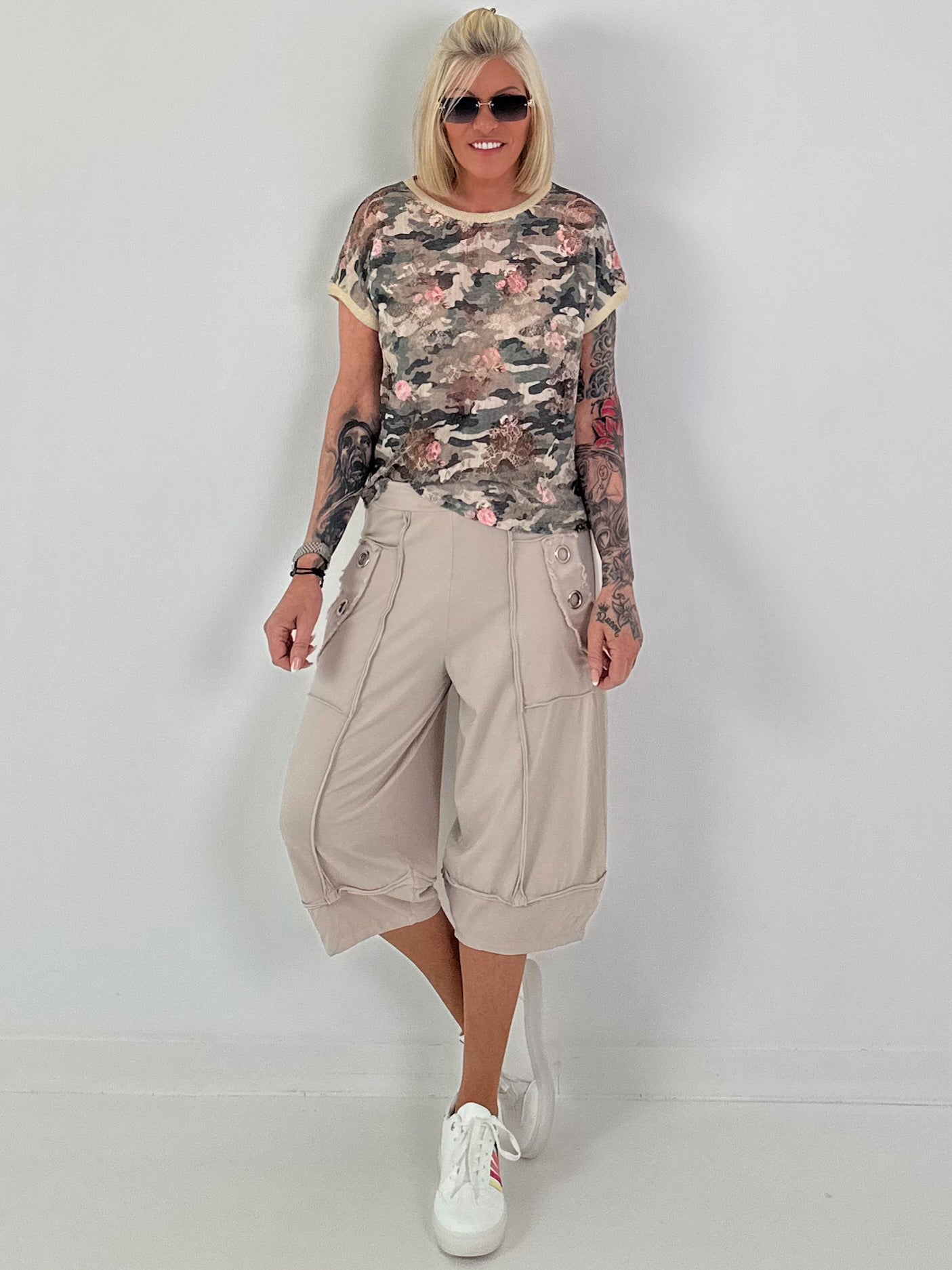 Camouflage Shirt with Lace Inserts - taupe multi-colored