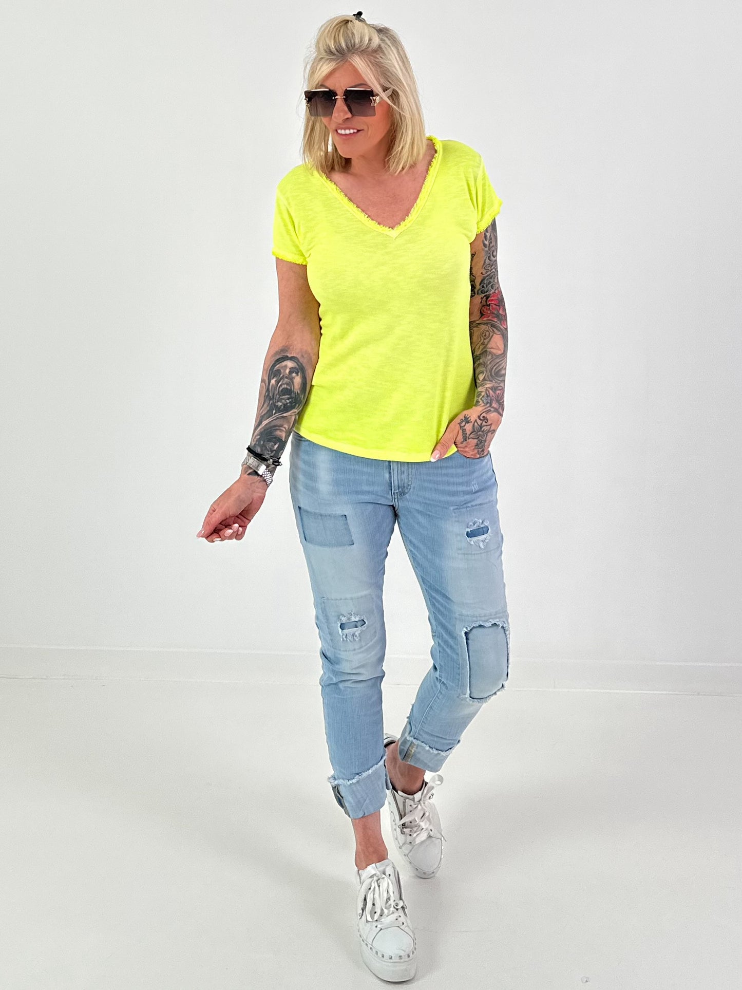 Ripp T-Shirt mit Fransen - neongelb