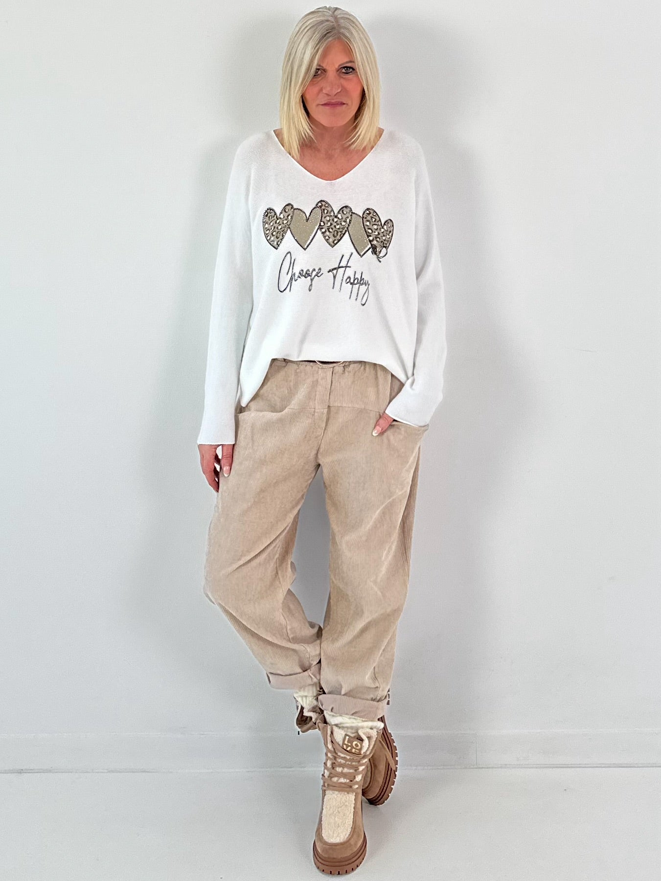 V-hals trui model "Choose Happy" - wit