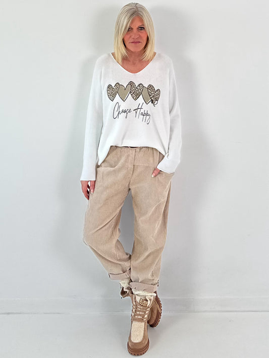 V-hals trui model "Choose Happy" - wit