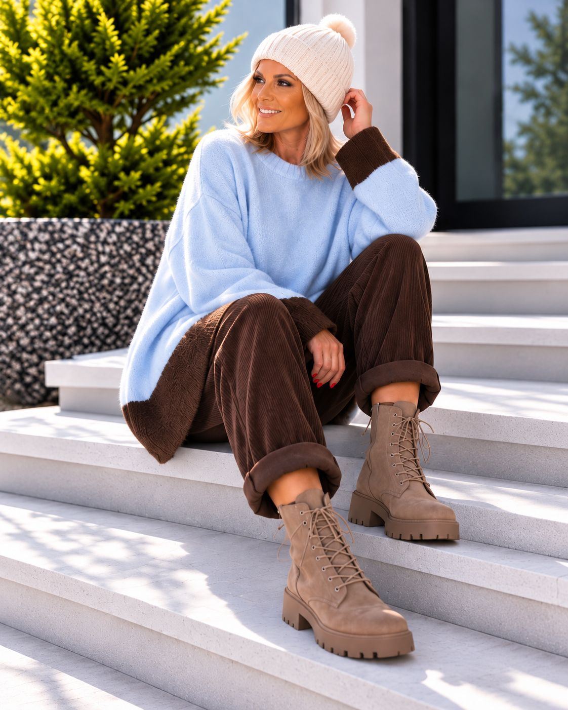 Pullover mit Kontrastsaum - hellblau-mokka