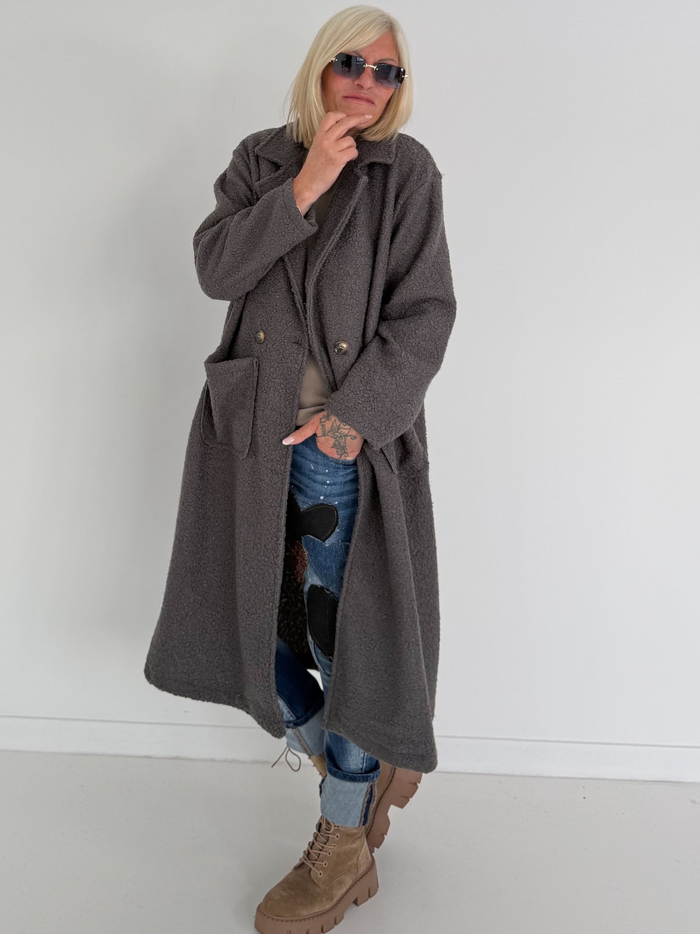 Weicher Bouclé Mantel - anthrazit