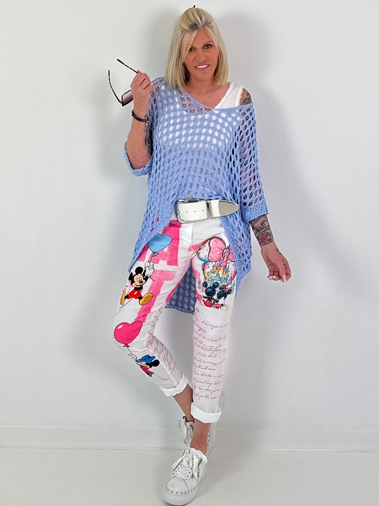 Hose mit Print-Mix und Comicmotiven - weiss-pink-mehrfarbig